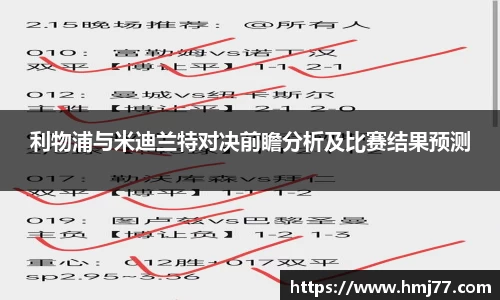 利物浦与米迪兰特对决前瞻分析及比赛结果预测